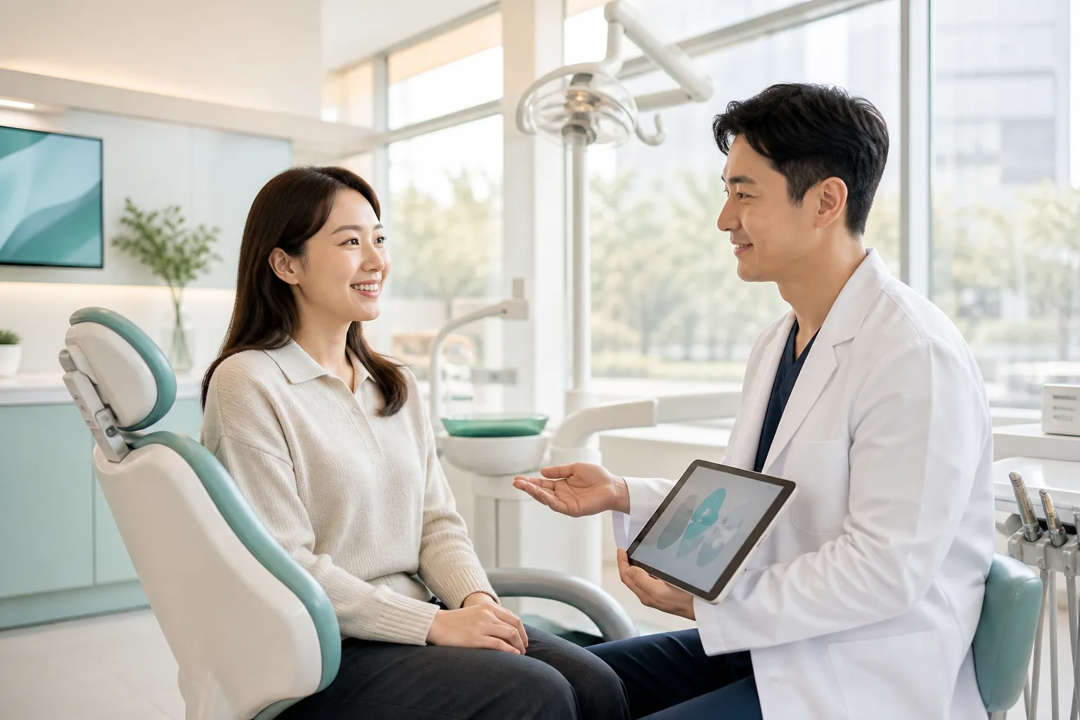 치과 크라운 상담 장면 - 치아 모형으로 설명하는 치과의사